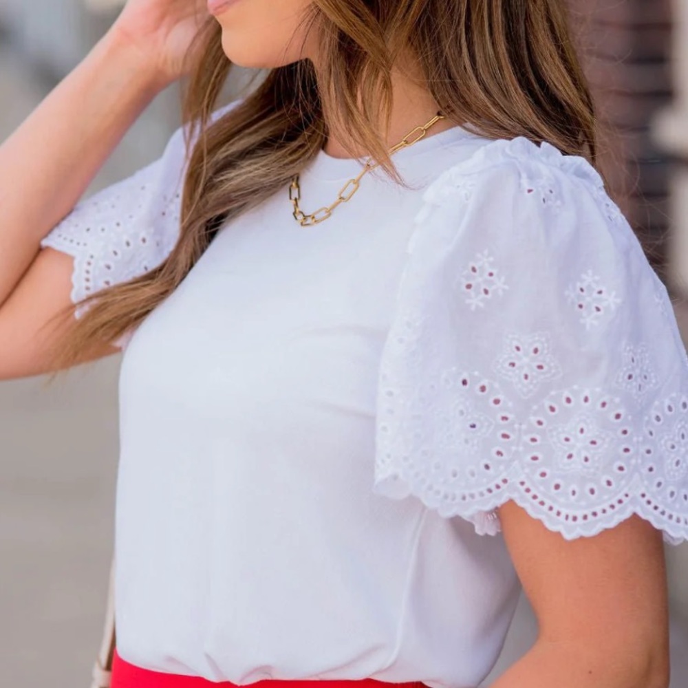 White Eyelet Sleeve Detail Top
